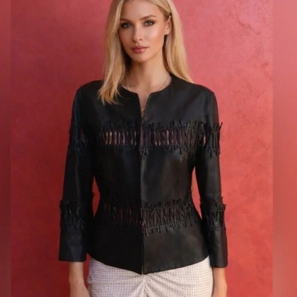 Lafayette 148 New York Jackets & Blazers - Lafayette 148 New York Black Lambskin Leather Fringe Lattice Jacket Womens 6